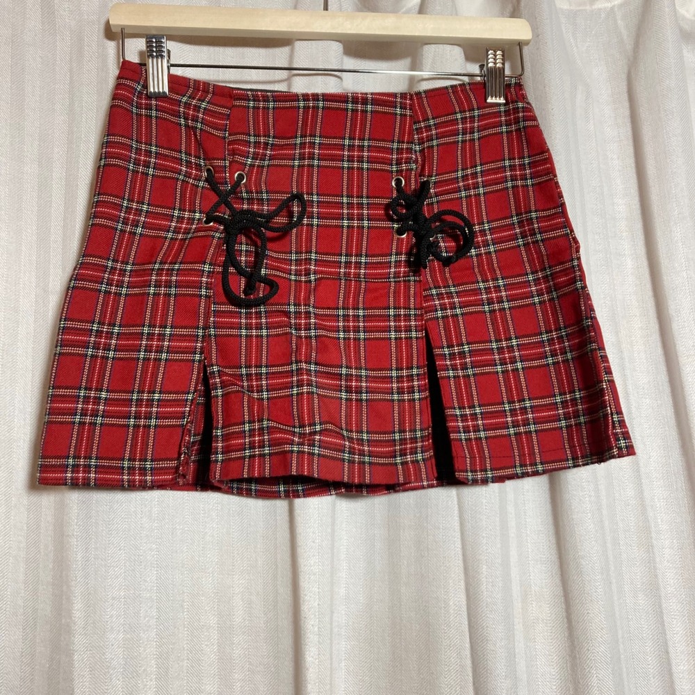 Y2K Lip Service Red Plaid Lace Up Mini Skirt Punk Goth Tartan Small Made in USA